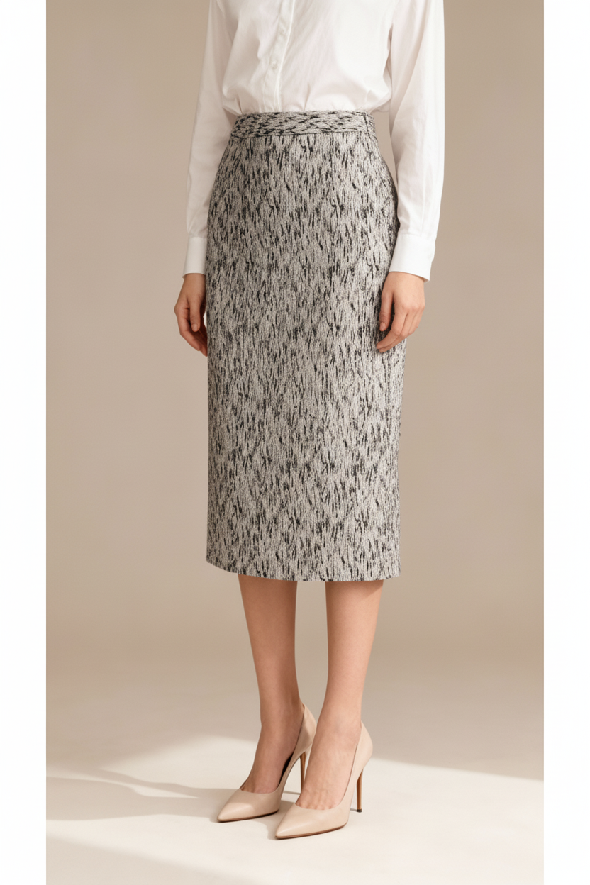Willow Lined Skirt – Light Grey and Black Graphic Print with Pinstripe Detail, Size 10