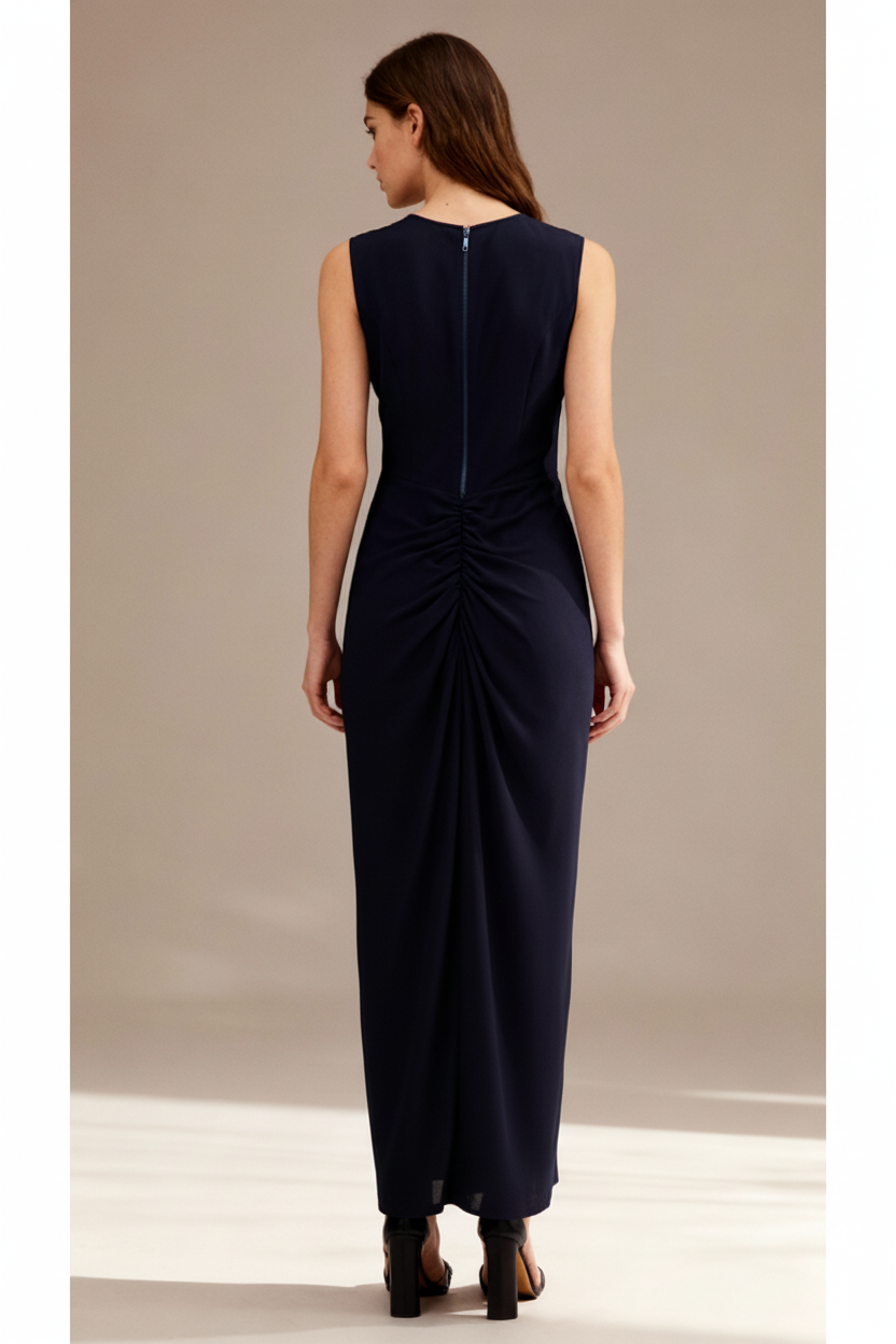 Willow Black A5 Silk Dress – Size 10, Full-Length with Ruched Detail and Keyhole Neckline