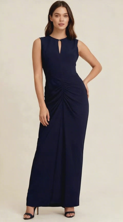 Willow Black A5 Silk Dress – Size 10, Full-Length with Ruched Detail and Keyhole Neckline
