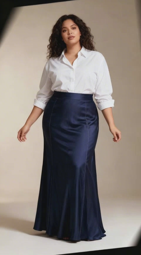 Tailor made navy silk A5 long skirt size 12