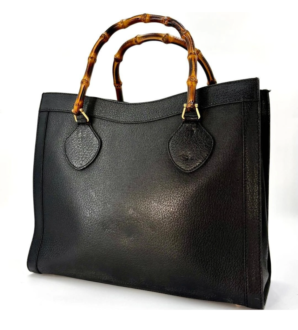 Gucci Diana Bamboo Handle Black Leather Tote Bag – Authentic Vintage Luxury Handbag