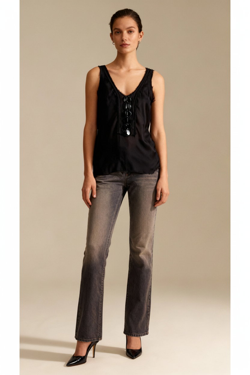 Lisa Ho Black Silk Top, Sleeveless, Size 8 – Pre-Loved Designer Fashion by Coco &amp; Louis with jeans