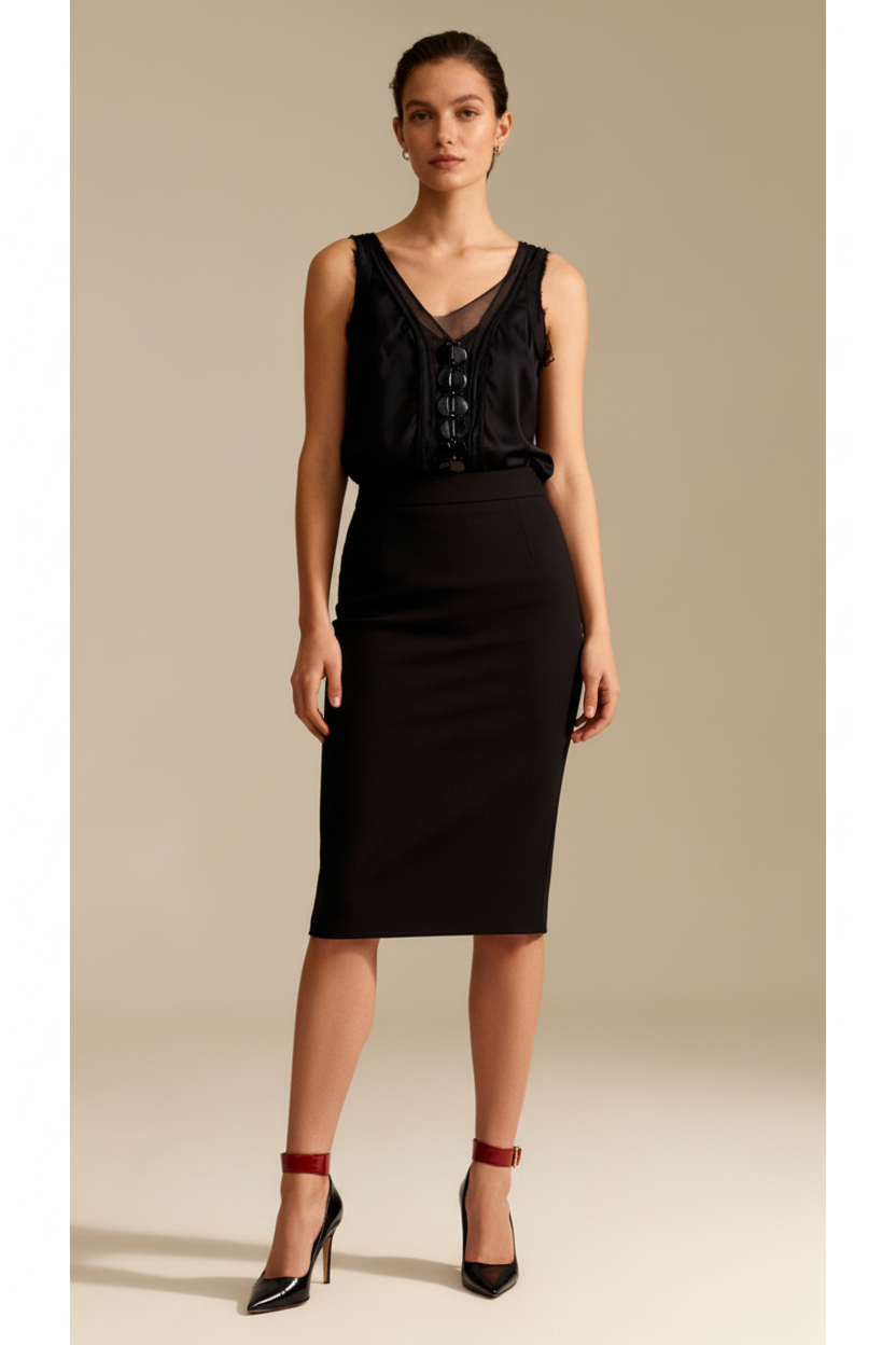 Lisa Ho Black Silk Top, Sleeveless, Size 8 – Pre-Loved Designer Fashion by Coco &amp; Louis with skirt