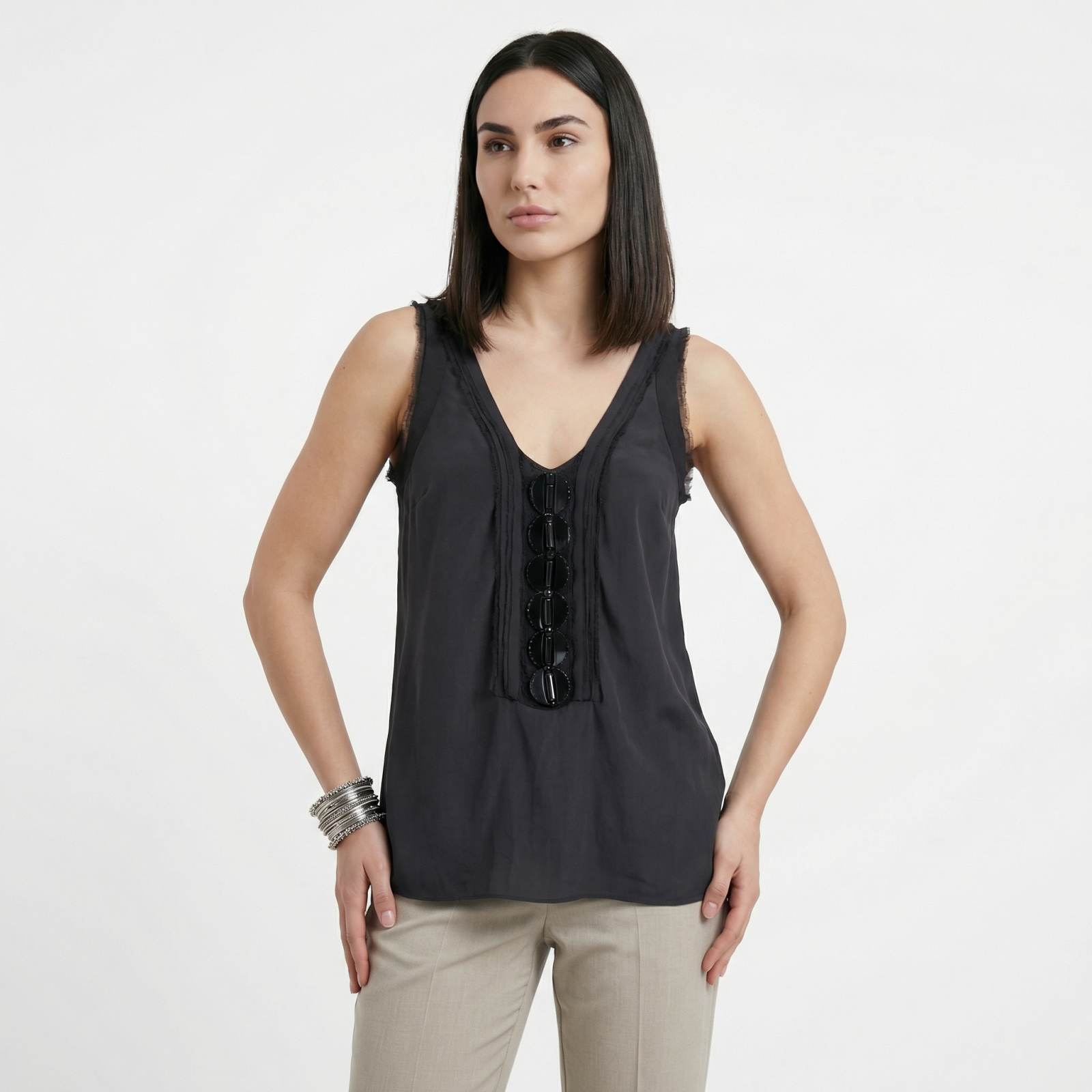 Lisa Ho 100% Silk Beaded Top—Black/Cream 8-10  Designer Preloved Luxury