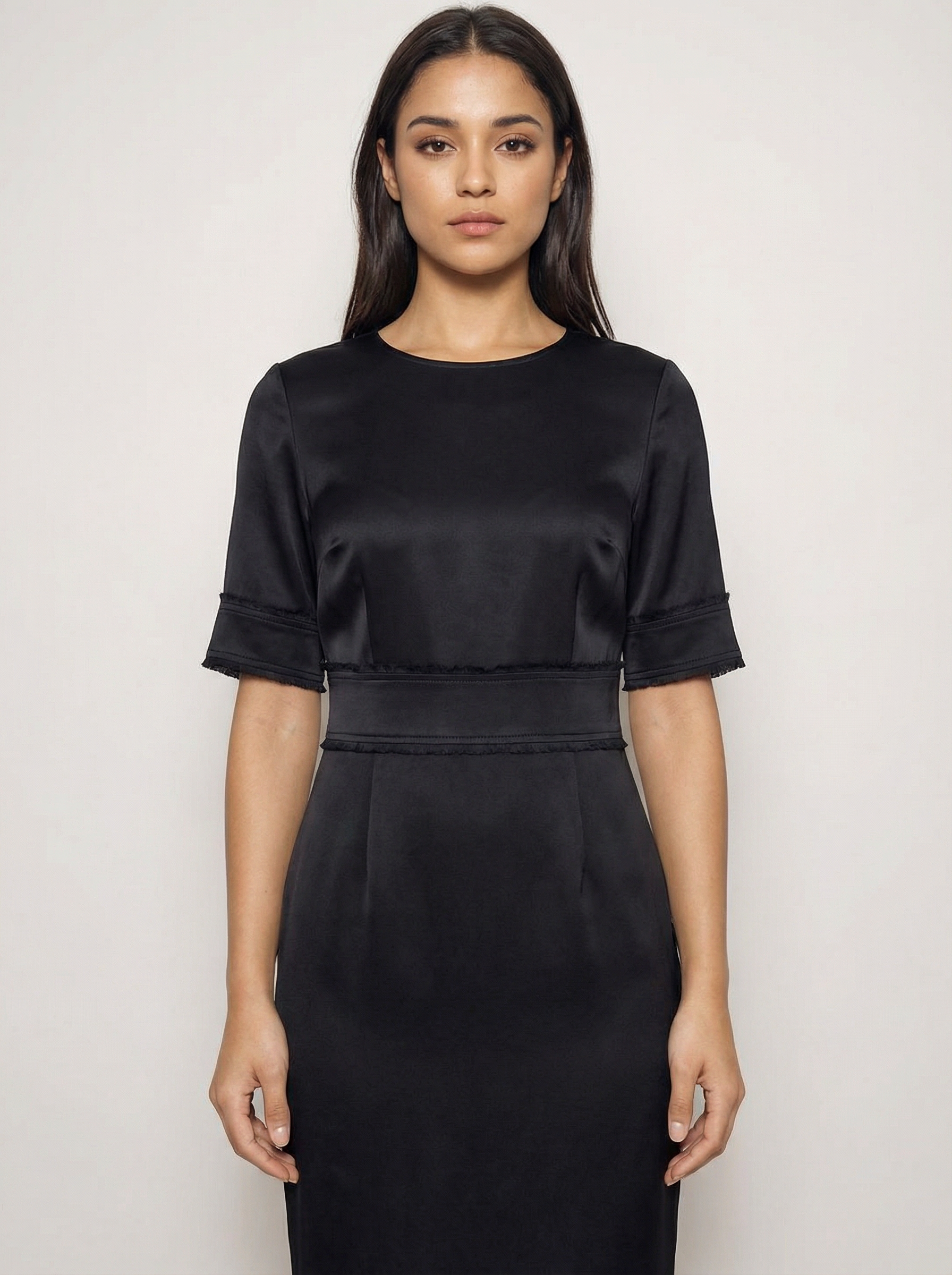 Lisa Ho Black Silk Shift Dress Size 10 Designer Raw Edge Elbow Sleeve Cocktail