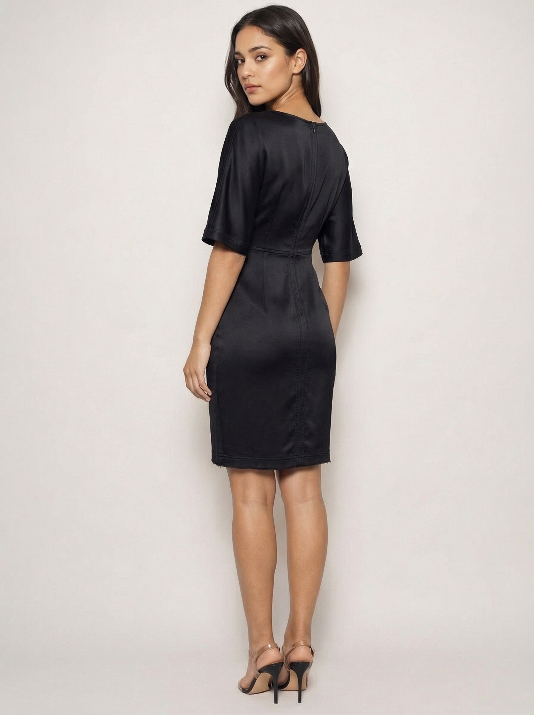 Lisa Ho Black Silk Shift Dress Size 10 Designer Raw Edge Elbow Sleeve Cocktail