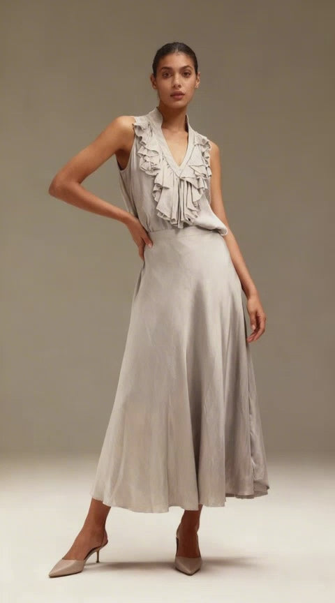 Scanlan Theodore Silk Grey Ruffle Frill Blouse, Sleeveless, Size 8 – Pre-Loved Designer Fashion by Coco & Louis 1