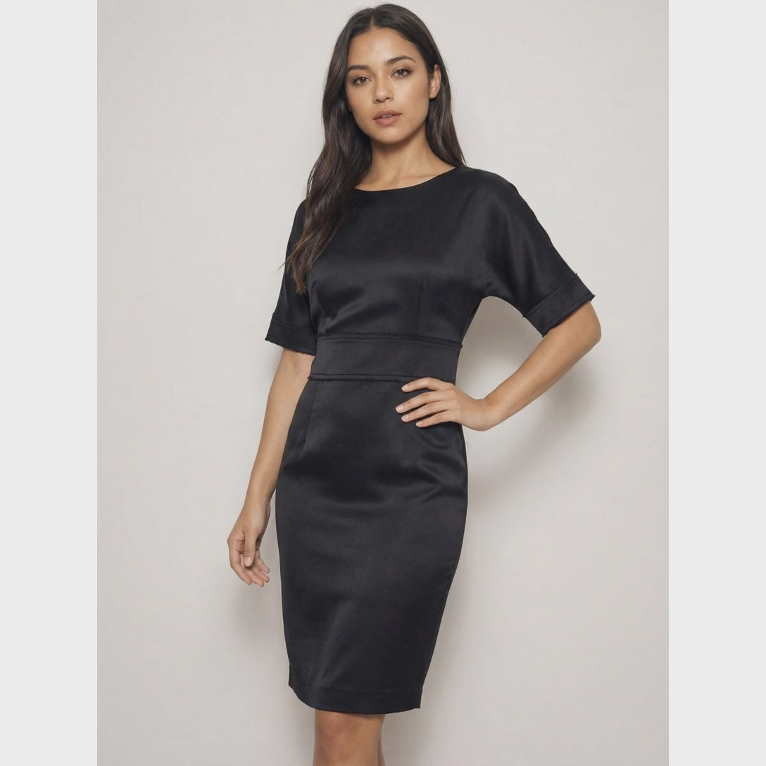 Lisa Ho Black Silk Shift Dress Size 10 Designer Raw Edge Elbow Sleeve Cocktail